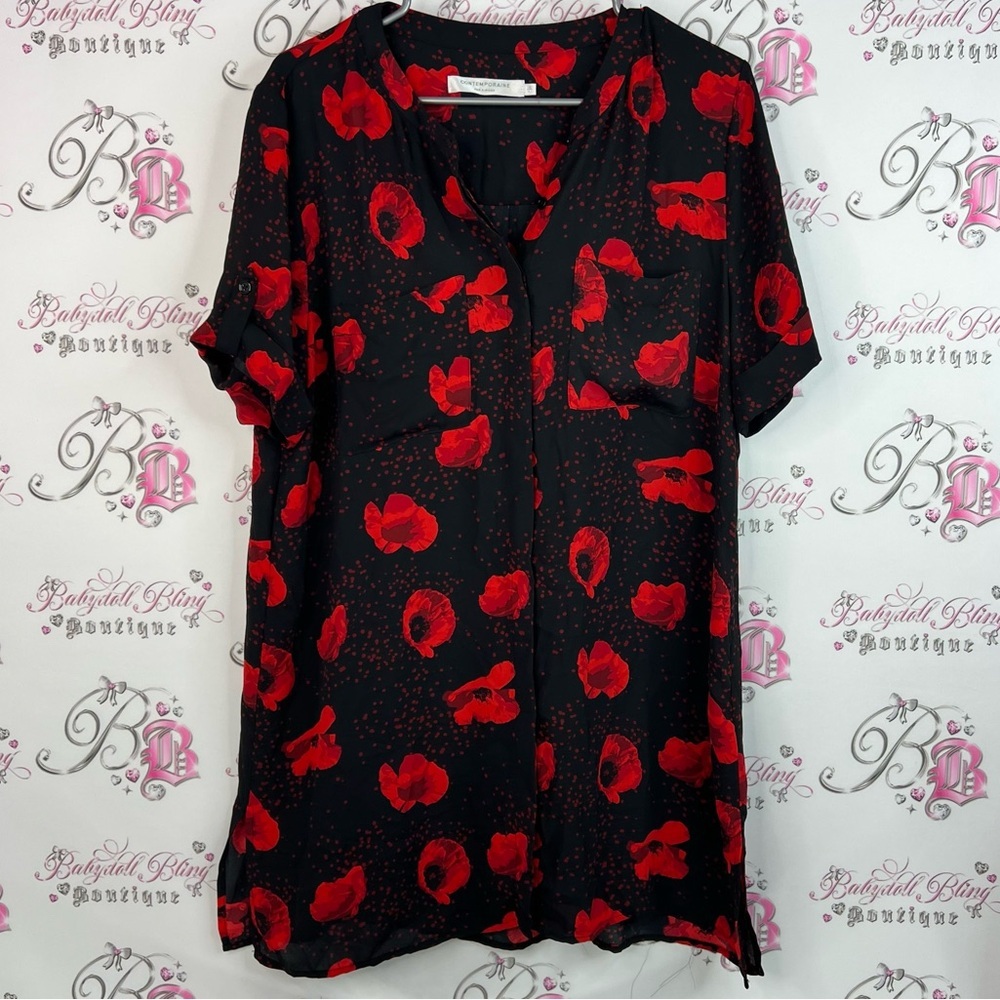 Contemporaine par Simon’s dress poppy poppies Stylish Red and Black Women's Top